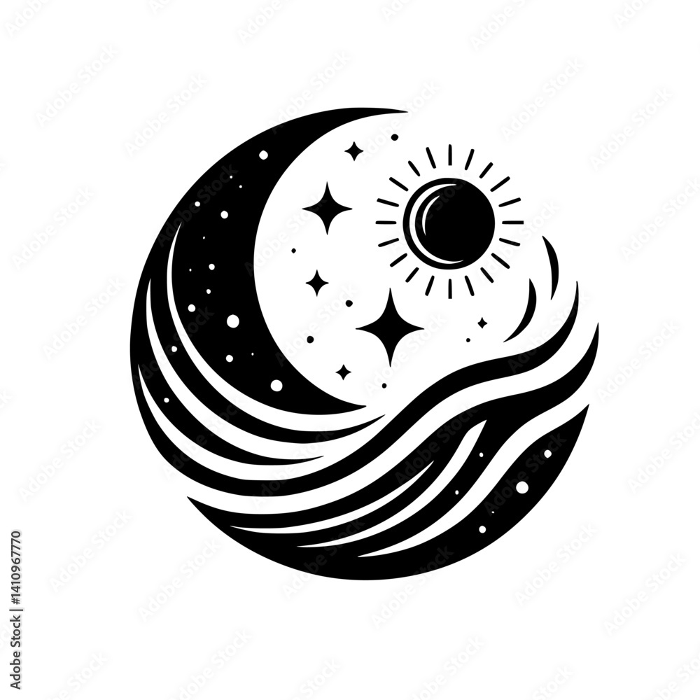 Celestial Harmony: Sun, Moon, Stars, and Waves Illustration