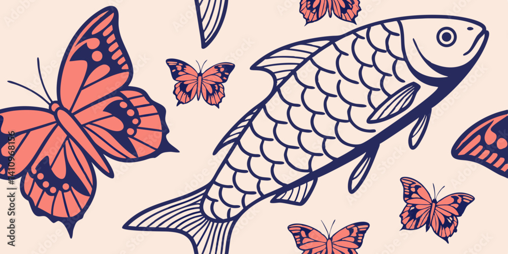 Obraz premium Seamless Pattern with Koi Fish and Butterflies Elegant Nature Design