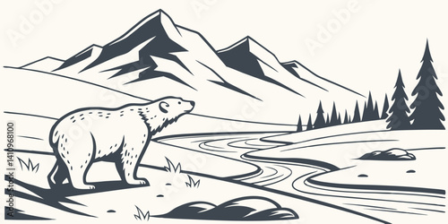 Majestic Polar Bear in Mountain River Landscape A Stunning Nature Illustration