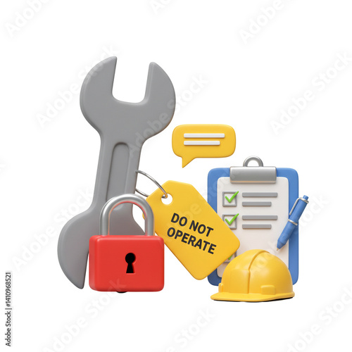 3D Illustration Safety Lockout Tagout Procedures and Maintenance Tools on Isolated Background