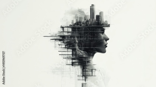 Double exposure of an architect fused with blueprints and cityscapes, minimalistic design, spacious for typography