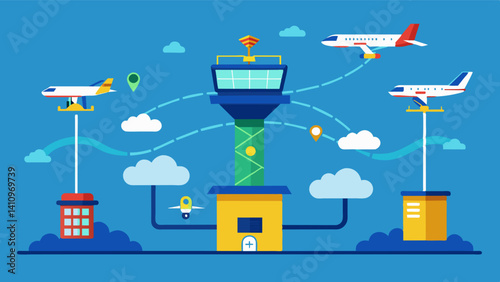 Along with air traffic the system also manages the flow of ground traffic to and from designated landing pads and charging stations.. Vector illustration