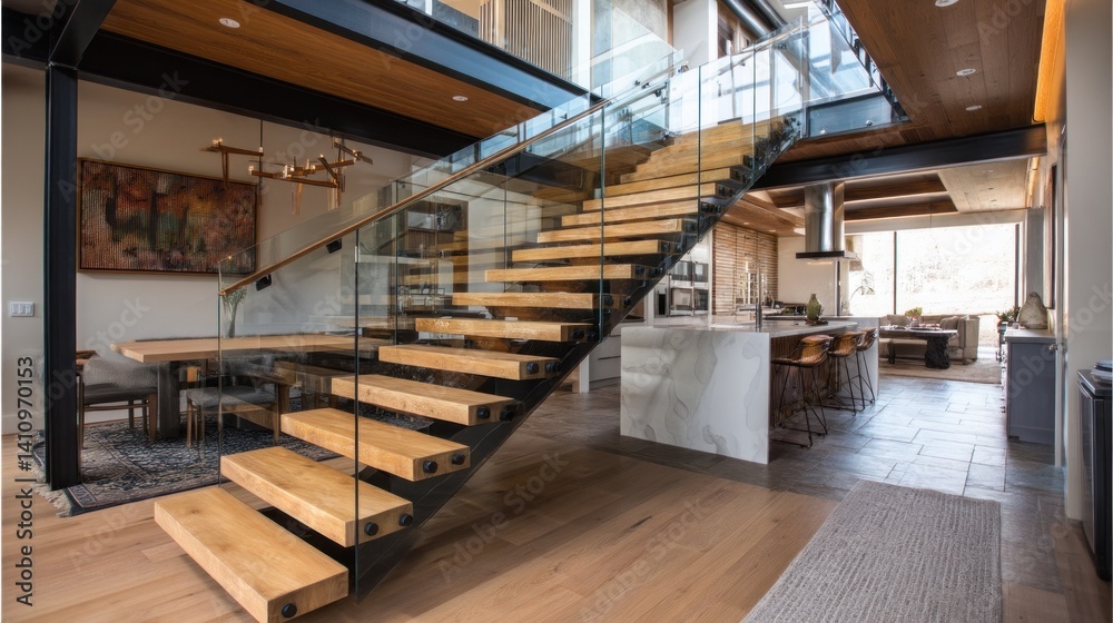 Floating wooden staircase with glass railing in open-plan home