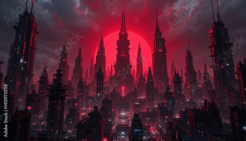 Crimson twilight over a dystopian metropolis.