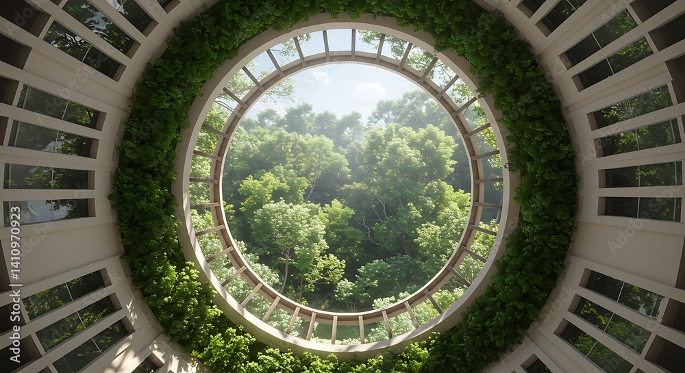 Fototapeta premium Circular Window View of Lush Green Forest Sunlight Interior Design