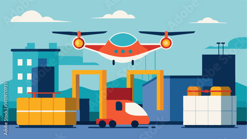 In a highly automated and efficient industrial complex an eVTOL hovers above a loading dock ready to deliver goods to its destination.. Vector illustration