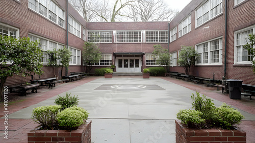 Empty School Courtyard with Brick Buildings