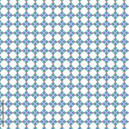 A vibrant geometric pattern featuring diamond-shaped motifs, intricately designed in shades of blue, purple, and pink