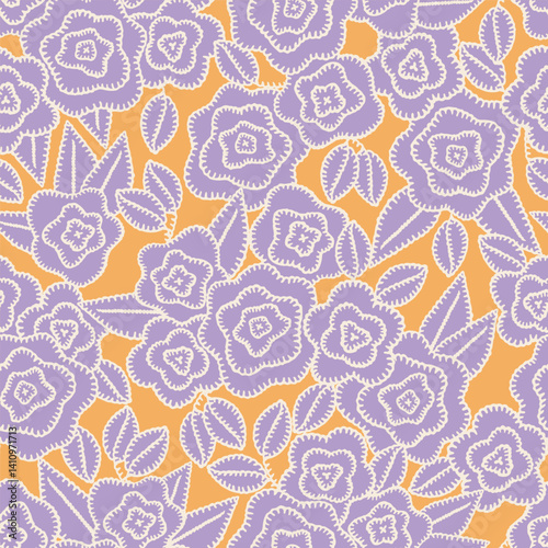 Floral embroidery vector background. Abstract seamless pattern with flowers and leaves. Lace texture. knitted by hand or machine. Granny and cottage core allover print for fabric, paper, textile, ads