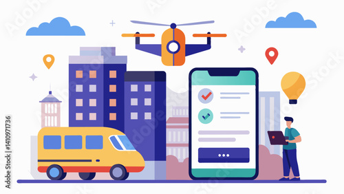 Students can book and track eVTOL rides through a userfriendly mobile app making it effortless to get to class or appointments on time.. Vector illustration
