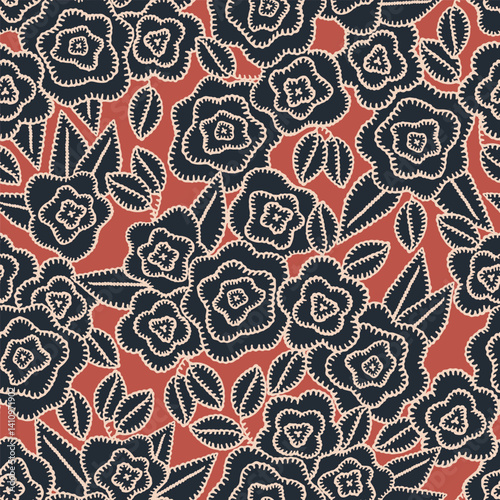 Floral embroidery vector background. Abstract seamless pattern with flowers and leaves. Lace texture. knitted by hand or machine. Granny and cottage core allover print for fabric, paper, textile, ads