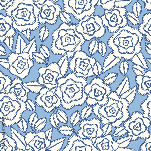 Floral embroidery vector background. Abstract seamless pattern with flowers and leaves. Lace texture. knitted by hand or machine. Granny and cottage core allover print for fabric, paper, textile, ads