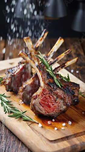 Grilled Lamb Chops being Seasoned with Sprinkling Sea Salt Flakes on a Wooden Board with Fresh Rosemary Garnish,  Meat Dish
