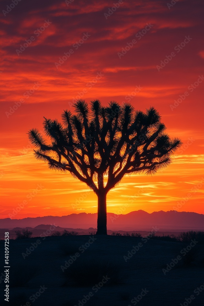 Obraz premium Distant view of a solitary Joshua tree silhouetted against the orange hues of an evening sky, sand dunes leading to the horizon