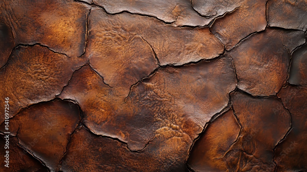Naklejka premium distressed leather texture in rich brown, deep cracks and creases adding character, warm vintage lighting
