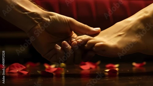 Holding a Woman's Foot in a Romantic Setting with Rose Petals