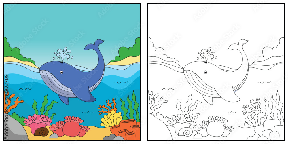 Fototapeta premium cute cartoon whale, funny illustration, coloring book for kids and children.