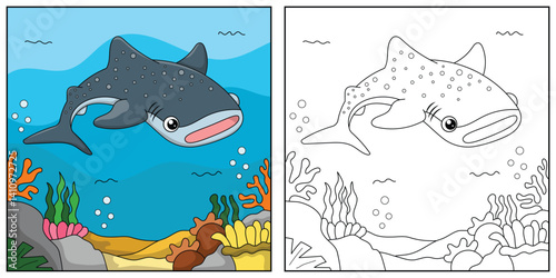 cute cartoon whaleshark, funny illustration, coloring book for kids and children.