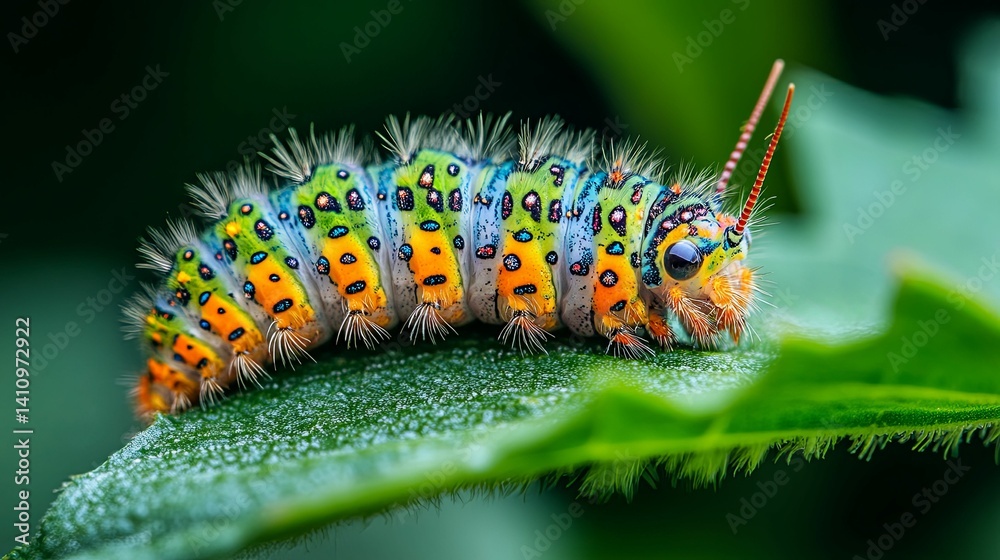 A vibrant, colorful caterpillar rests on a lush green leaf. A vibrant, colorful caterpillar rests on a lush green leaf.