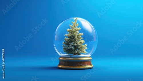The snow globe showcases a miniature Christmas tree adorned with snow and blue ornaments, set against a golden-edged blue base.