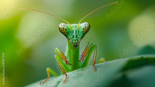 Close-up of a vibrant green praying mantis perched on a leaf. photo