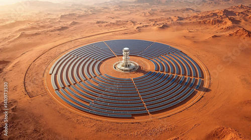 Drone aerial view of a circular solar farm in a desert landscape.