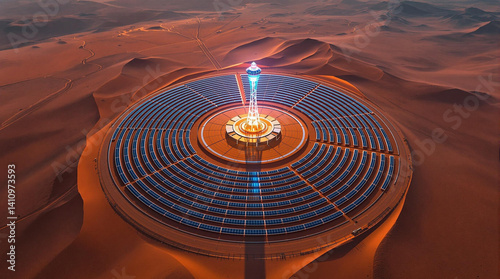  drone view capturing the elegant symmetry of a circular solar farm in a desert landscape.