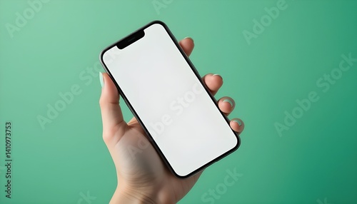 Hand Holding Smartphone with Blank White Screen Isolated on Green Background – Mobile App and UI Mockup

