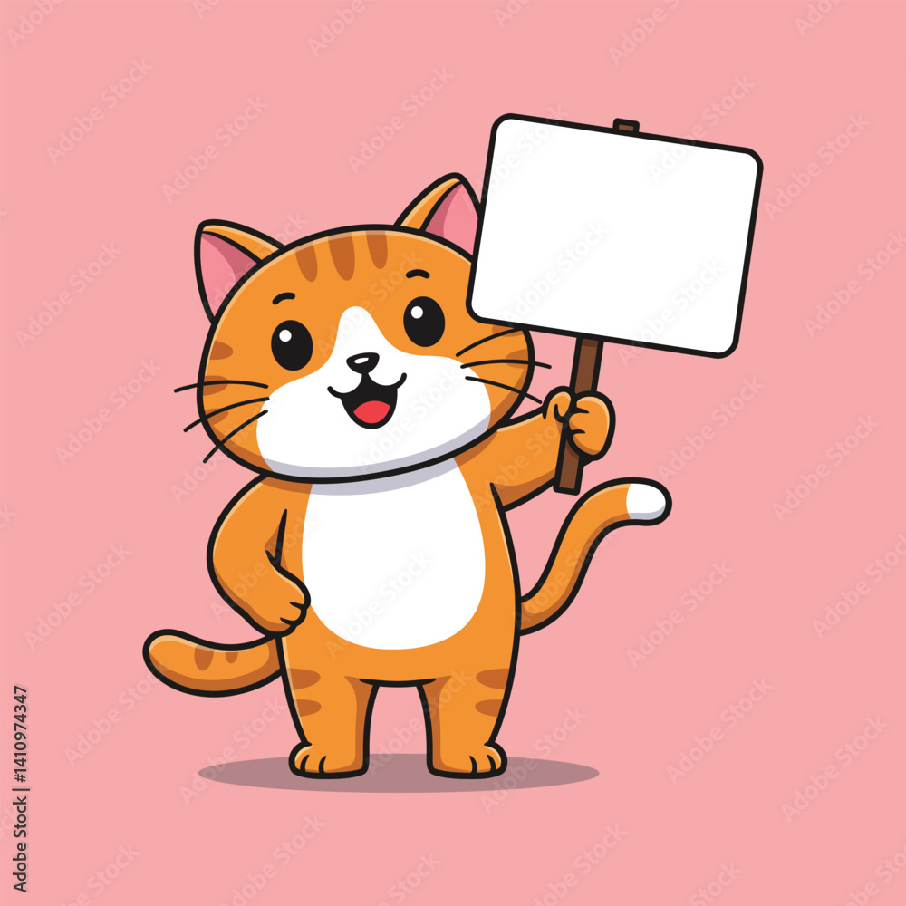 Fototapeta premium Cute Cartoon Orange Cat Character Holding a Blank Sign on a Pink Background