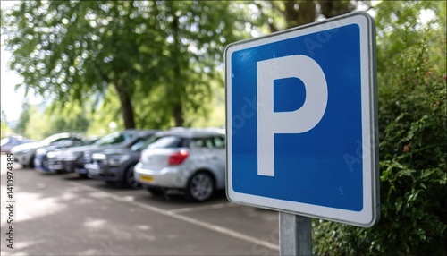 A close-up of a blue parking sign with a white 