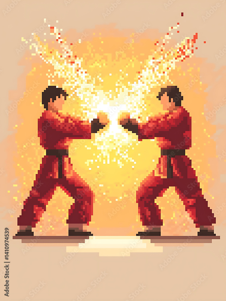 Pixelated martial artists in red gis clash with a burst of yellow sparks symbolizing energy and intense competition.