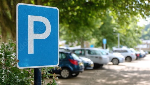 A close-up of a blue parking sign with a white 