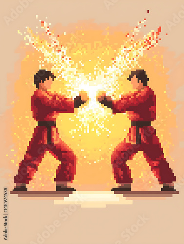 Obraz na płótnie Pixelated martial artists in red gis clash with a burst of yellow sparks symbolizing energy and intense competition. w salonie
