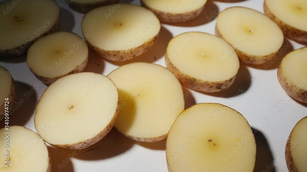 Sliced raw root vegetables arranged on a white surface, prepared to be cooked for delicious recipes. Sliced raw root vegetables arranged on a white surface, prepared to be cooked for delicious recipes.