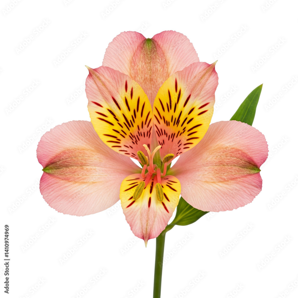 Fototapeta premium A delicate Alstroemeria bloom, showcasing its pastel pink petals and vibrant yellow-maroon heart, a symbol of friendship and devotion, isolated against a pure white background.