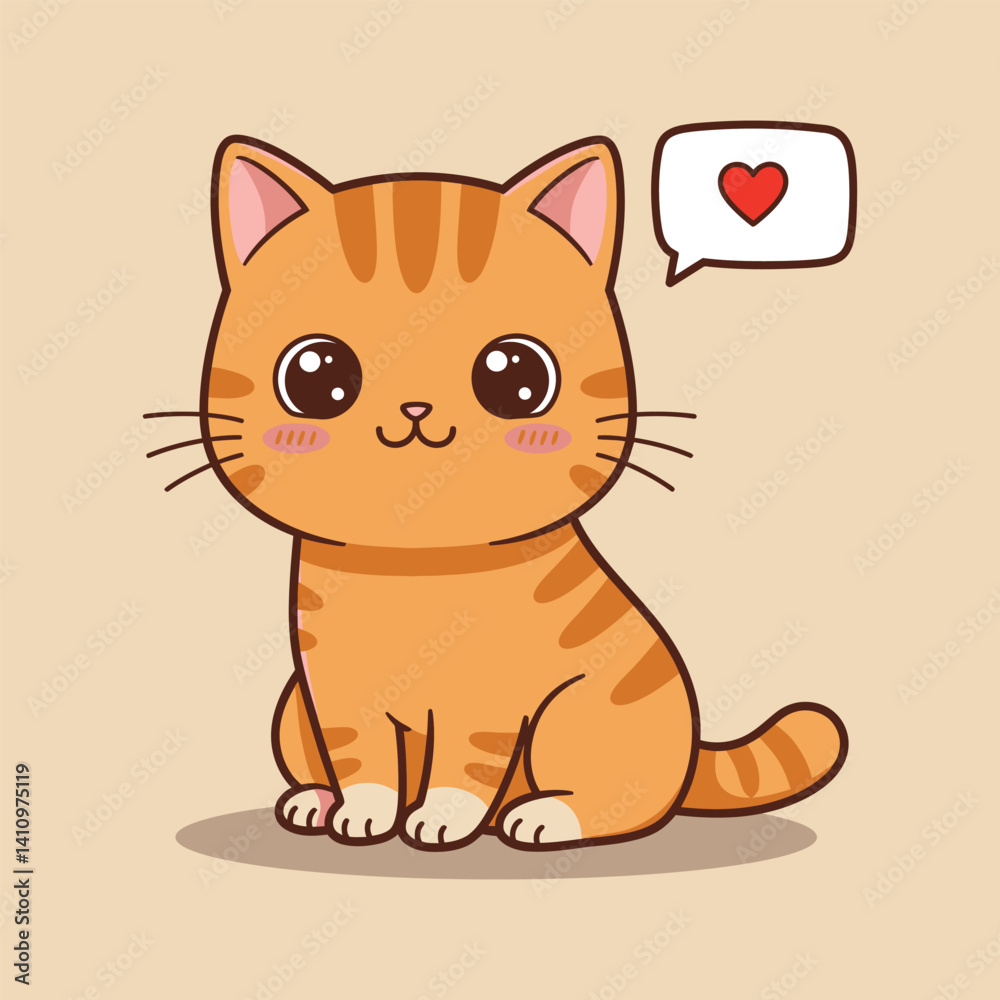 Cute Cartoon Orange Cat with Heart Speech Bubble – Adorable Kitten flat vector Illustration Cute Cartoon Orange Cat with Heart Speech Bubble – Adorable Kitten flat vector Illustration
