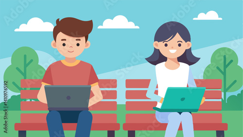 A boy and girl sitting side by side on a park bench their laptops open as they compare notes for their upcoming test.. Vector illustration