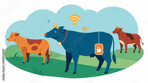 RFID tags attached to each animals ear allow for quick and accurate tracking as they move throughout pastures and feeding areas.. Vector illustration
