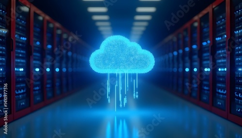 Featuring a glowing cloud symbol amidst server racks, this image highlights data integration and advanced technology concepts, ideal for illustrating topics related to cloud computing, big data