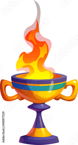 Golden chalice with an eternal flame burning brightly. Cartoon vector Ancient Egypt game icon, Egyptian treasure asset, symbolizing ritual, magic and spirituality. Ornate goblet with an eternal fire