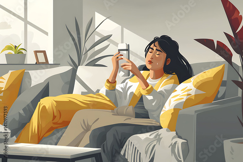 A woman is lying on the sofa with her eyes closed, holding her forehead and taking her temperature by hand while another person holds out a wet napkin 