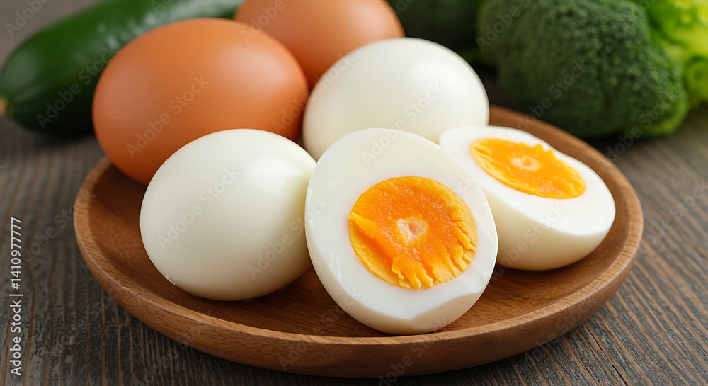 Closeup of Hard Boiled Eggs on Wooden Plate with Vegetables Closeup of Hard Boiled Eggs on Wooden Plate with Vegetables