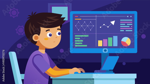A boy carefully analyzing data on a computer screen and adjusting the variables in an engineering simulation.. Vector illustration