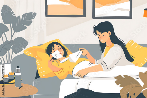 A woman is lying on the sofa with her eyes closed, holding her forehead and taking her temperature by hand while another person holds out a wet napkin 