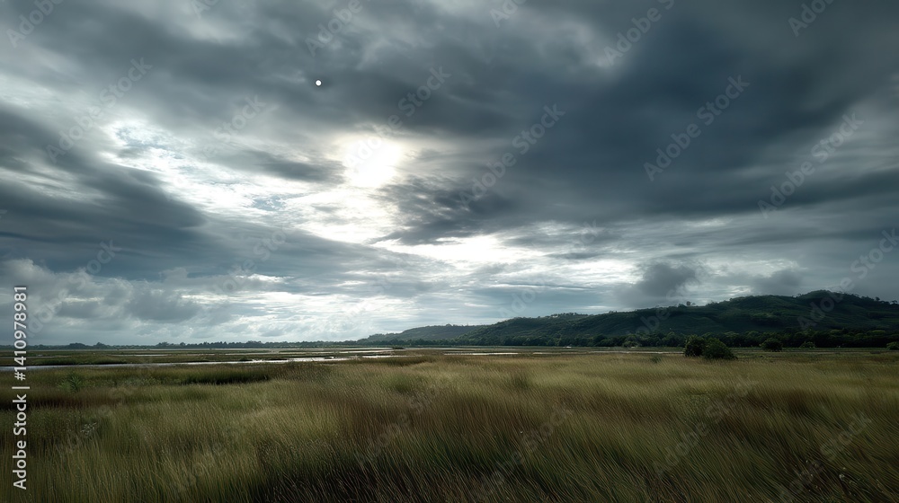 Field with Grass and Water Under a Cloudy Sky Field with Grass and Water Under a Cloudy Sky