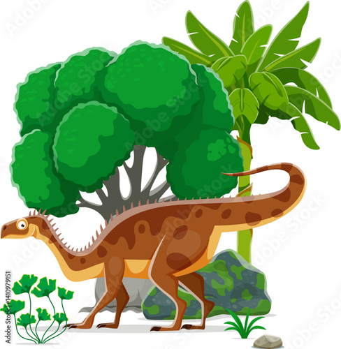 Plateosaurus prehistoric dinosaur character in its natural habitat. Isolated vector dino stands among lush greenery and rocky terrain with palm tree and plants at vivid Mesozoic era ancient ecosystem