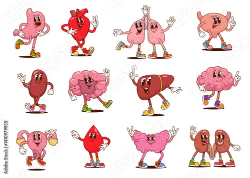 Funny groovy human organ characters, retro body anatomy vector personages. Psychedelic hippie heart, brain, liver, kidney and stomach internal organs. Cute groovy pancreas, spleen, lungs and blood