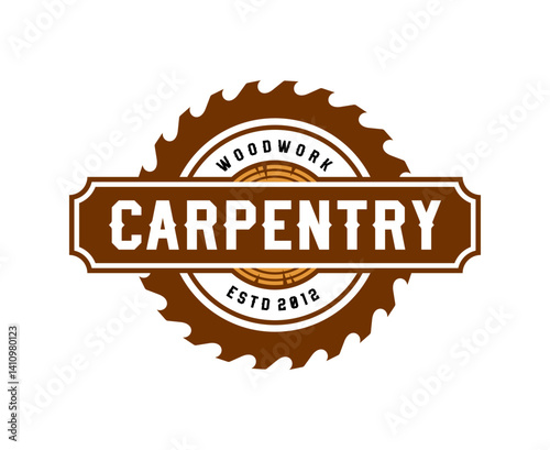 Carpentry woodwork icon showcases circular saw blade, log and white brown text. Vector emblem representing carpenter branding or woodworking business convey traditional lumberjack craftsmanship