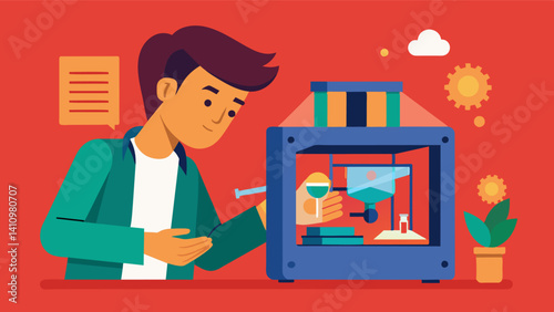 A curious student closely examines the inner workings of a 3D printer completely enthralled by the possibilities it offers.. Vector illustration