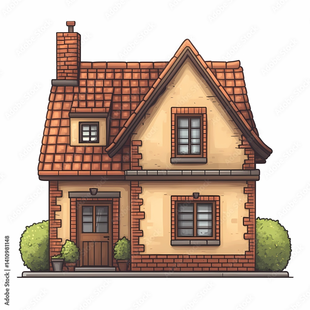 Fototapeta premium Cozy Colorful House Illustration. Traditional Mansion with Inviting Front Yard and Scenic Architecture